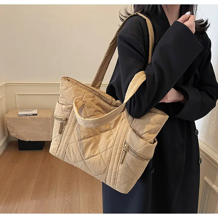 Beige Quilted Nylon Shoulder Bag Large Capacity — feature 16