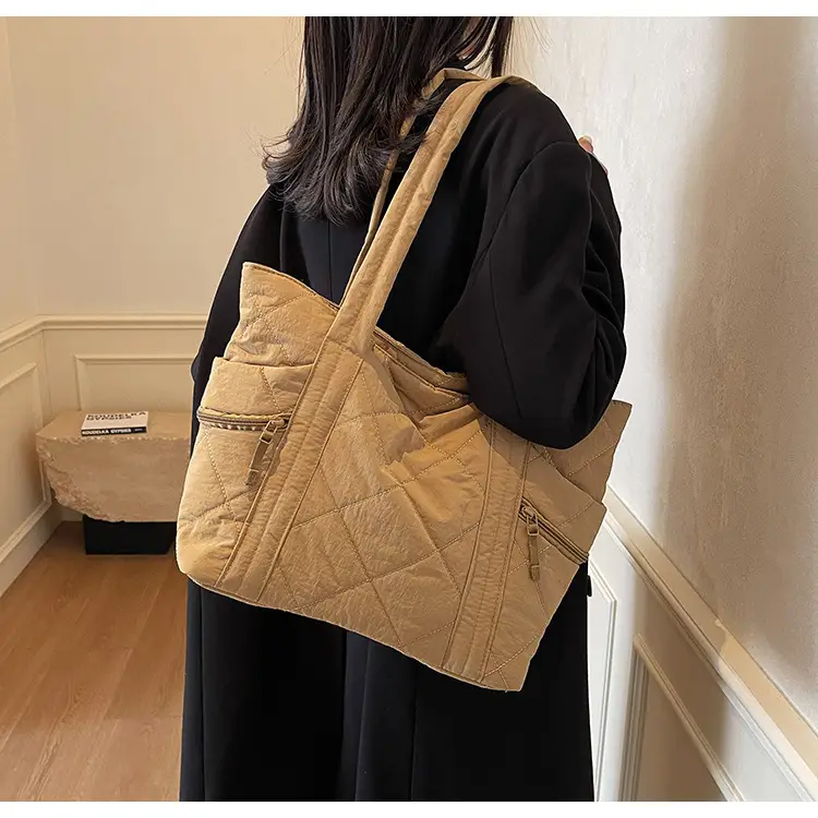 Beige Quilted Nylon Shoulder Bag Large Capacity — feature 17