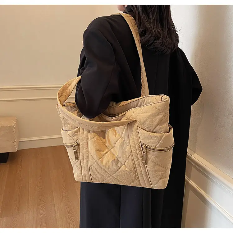 Beige Quilted Nylon Shoulder Bag Large Capacity — feature 18