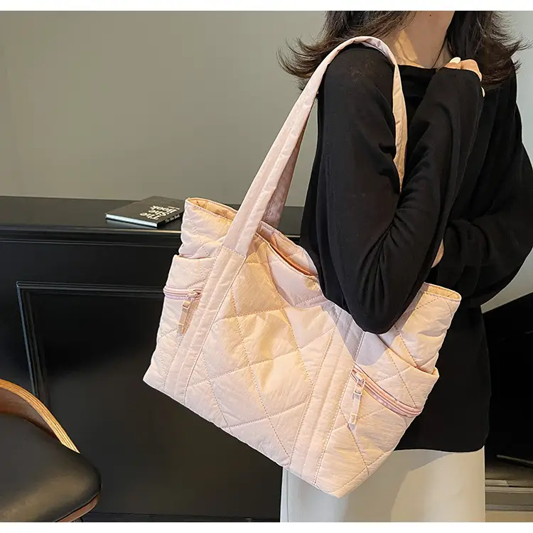 Beige Quilted Nylon Shoulder Bag Large Capacity — feature 19