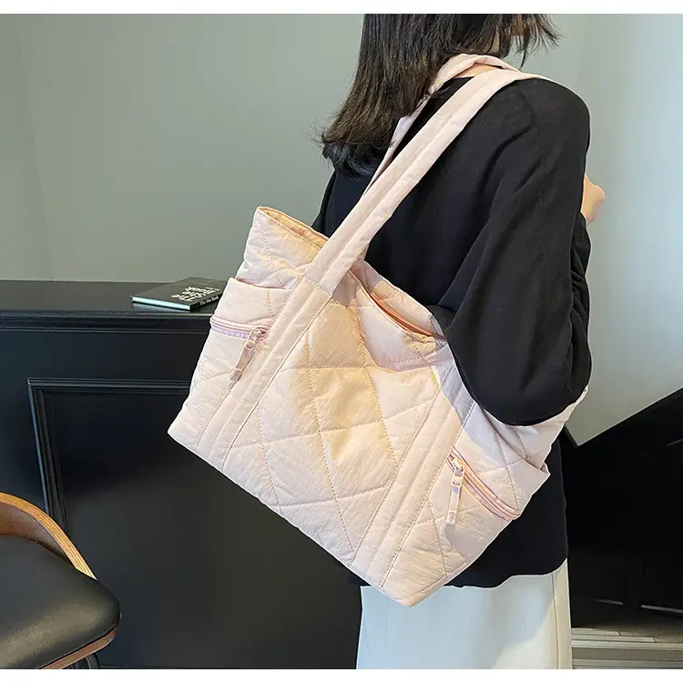 Beige Quilted Nylon Shoulder Bag Large Capacity — feature 20