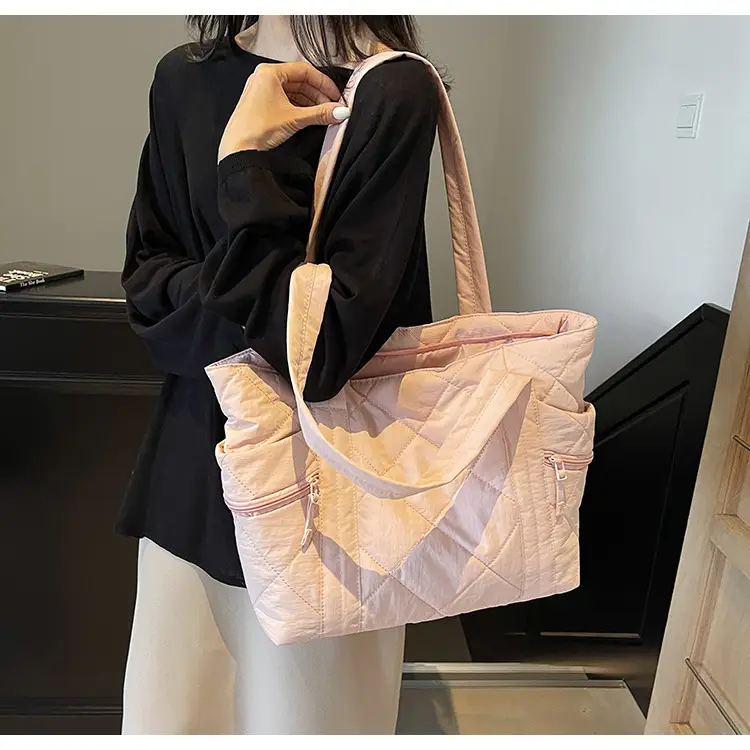Beige Quilted Nylon Shoulder Bag Large Capacity — feature 21