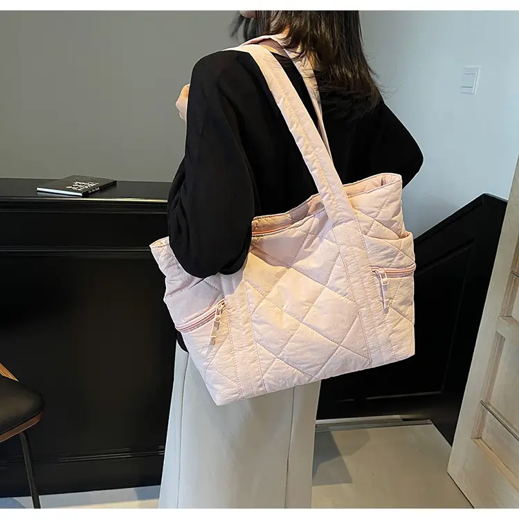 Beige Quilted Nylon Shoulder Bag Large Capacity — feature 22