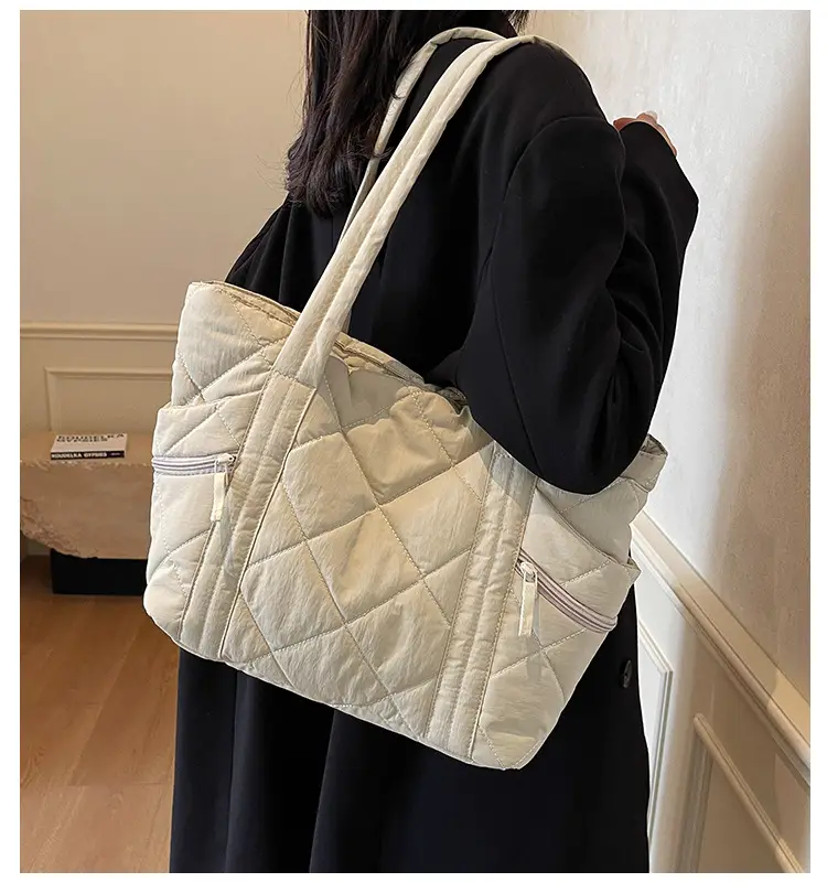 Beige Quilted Nylon Shoulder Bag Large Capacity — feature 3