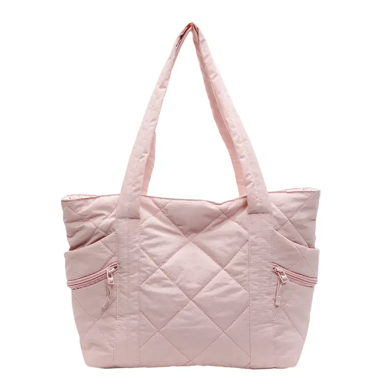 Beige Quilted Nylon Shoulder Bag Large Capacity - Image 3