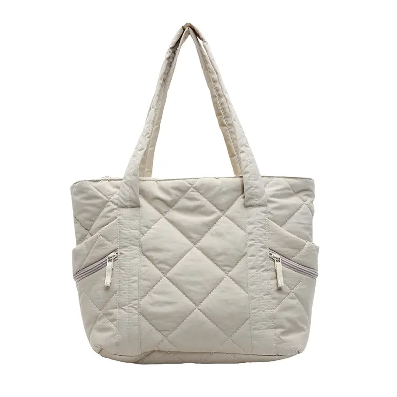 Beige Quilted Nylon Shoulder Bag Large Capacity - Image 4