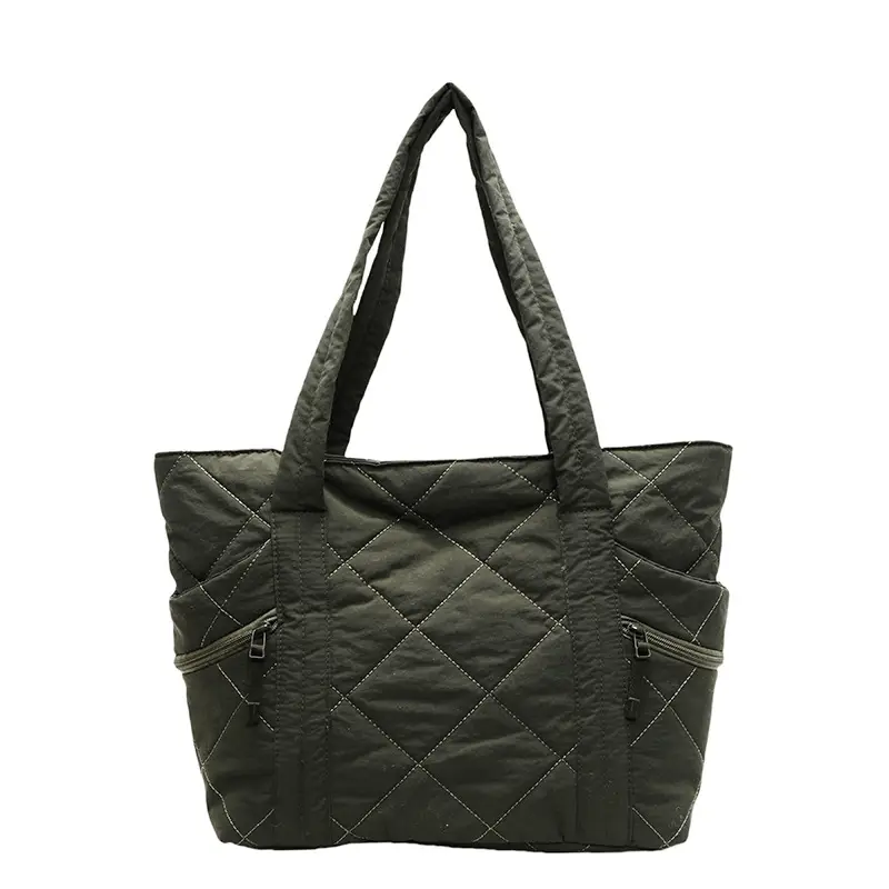 Beige Quilted Nylon Shoulder Bag Large Capacity - Image 5
