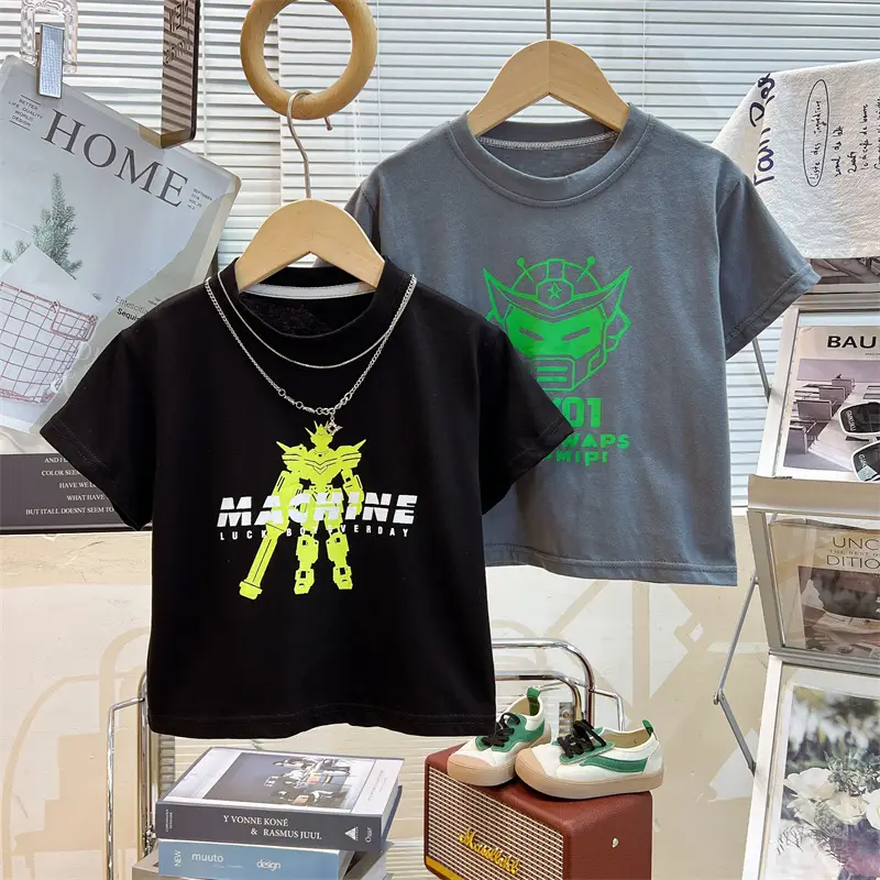 White Korean Print Cotton T-Shirt for Boys Summer - Image 8