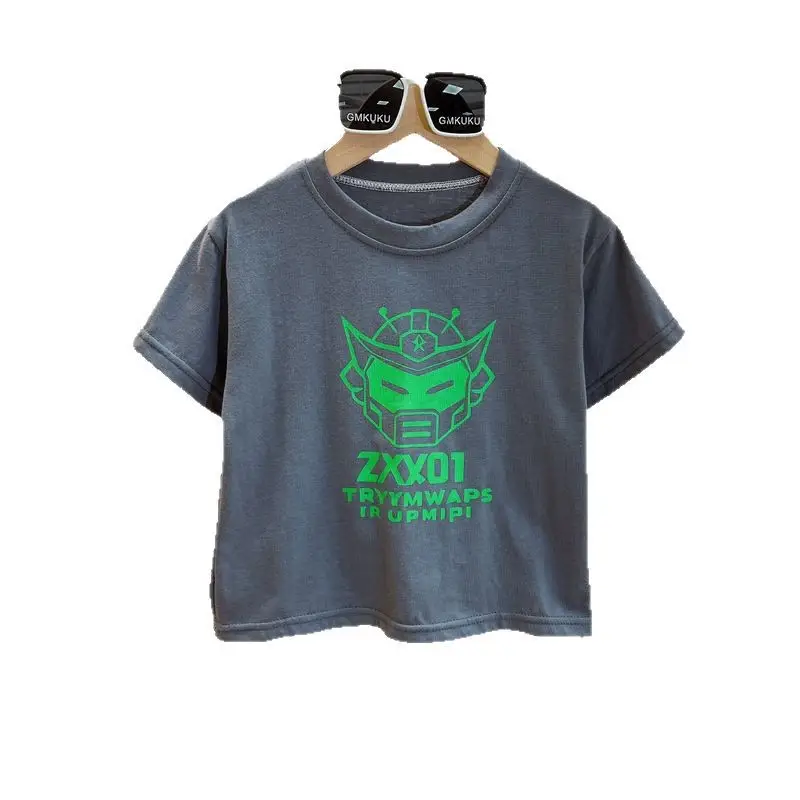 White Korean Print Cotton T-Shirt for Boys Summer - Image 12