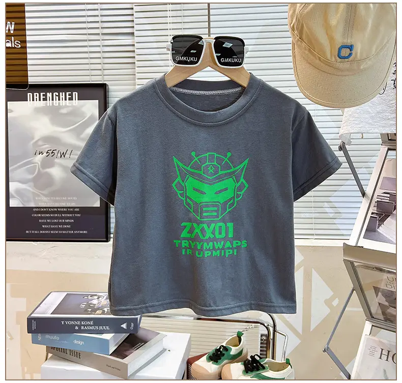 White Korean Print Cotton T-Shirt for Boys Summer — feature 8