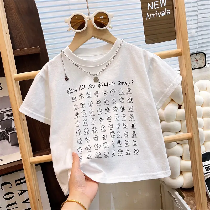 White Korean Print Cotton T-Shirt for Boys Summer - Image 5