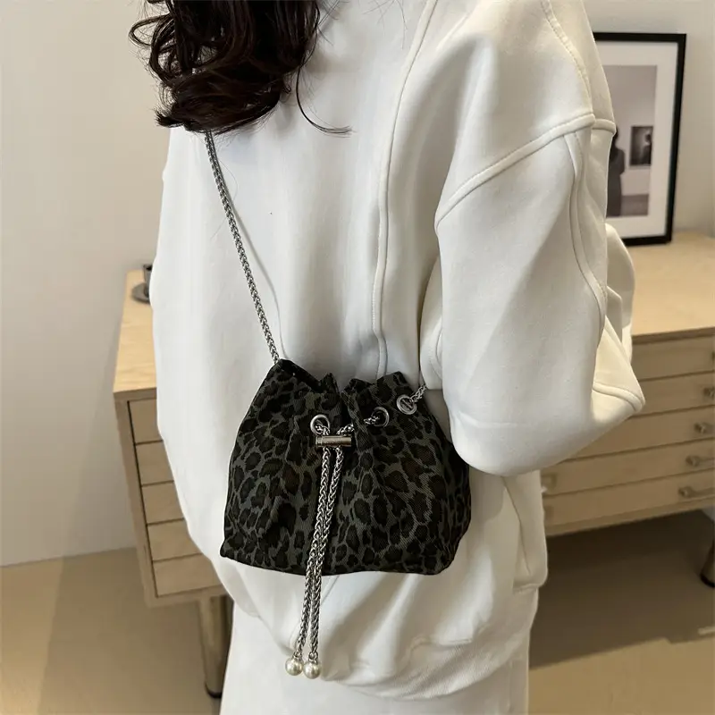 Leopard Print Drawstring Bag for Women with Chain - Image 4