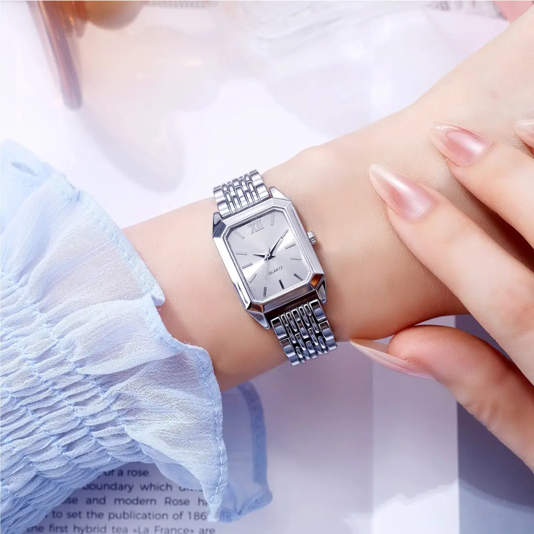 New Light Luxury Steel Band Women's Watch with Hands, Fashionable and Simple Square Quartz Watch for Female Students, Wholesale Large Dial