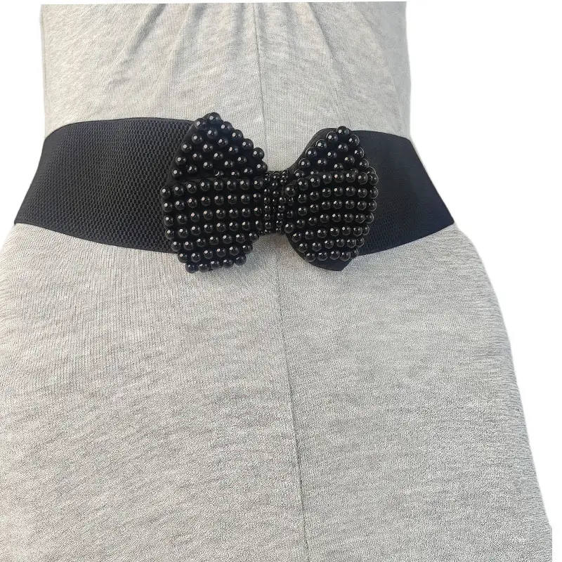 Black Bow Belt with Pearl Embellishment for Women