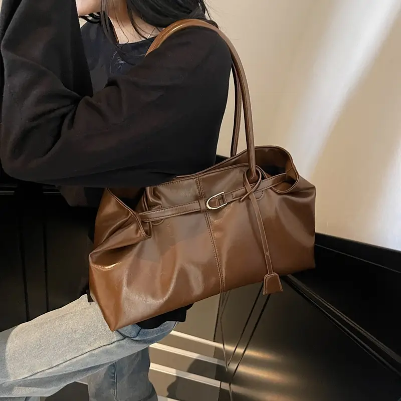 Women's Korean Style Soft Leather Tote Bag Beige 2025 - Image 6