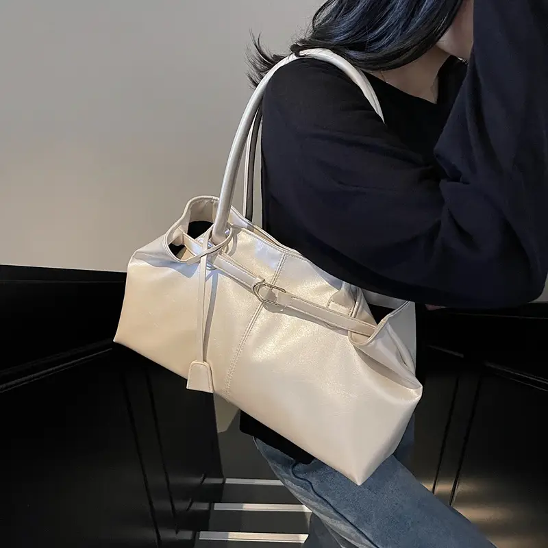 Women's Korean Style Soft Leather Tote Bag Beige 2025 - Image 7