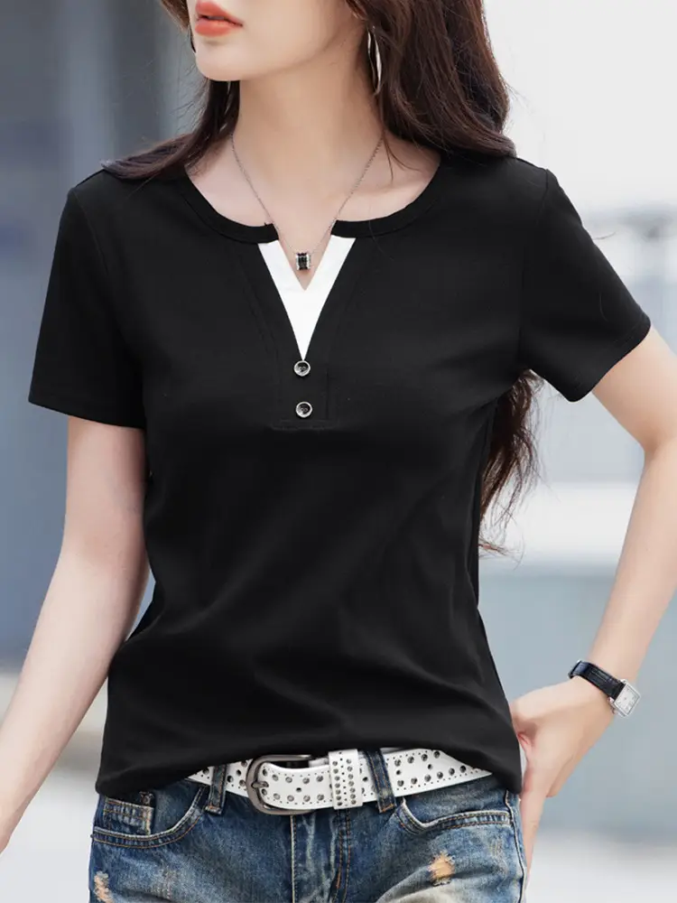 Women V Neck Black T-Shirt 2025 Summer Loose Slimming - Image 4