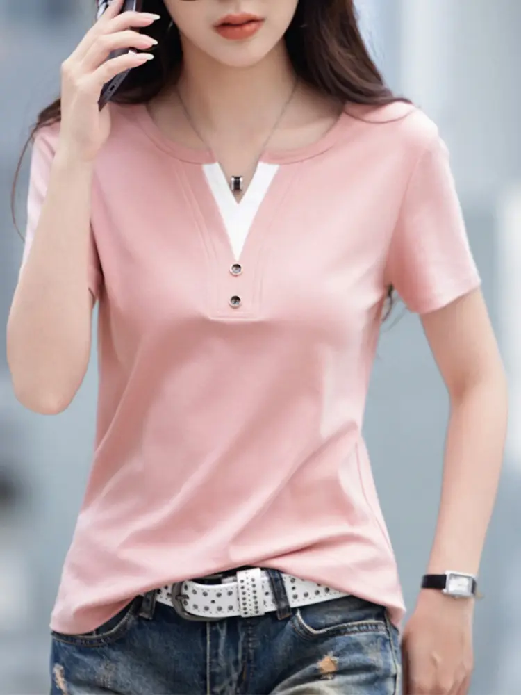 Women V Neck Black T-Shirt 2025 Summer Loose Slimming - Image 5