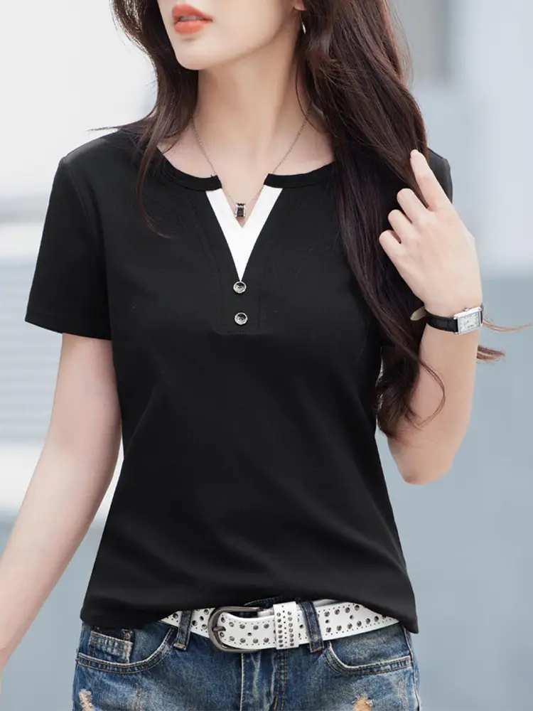 Women V Neck Black T-Shirt 2025 Summer Loose Slimming - Image 6