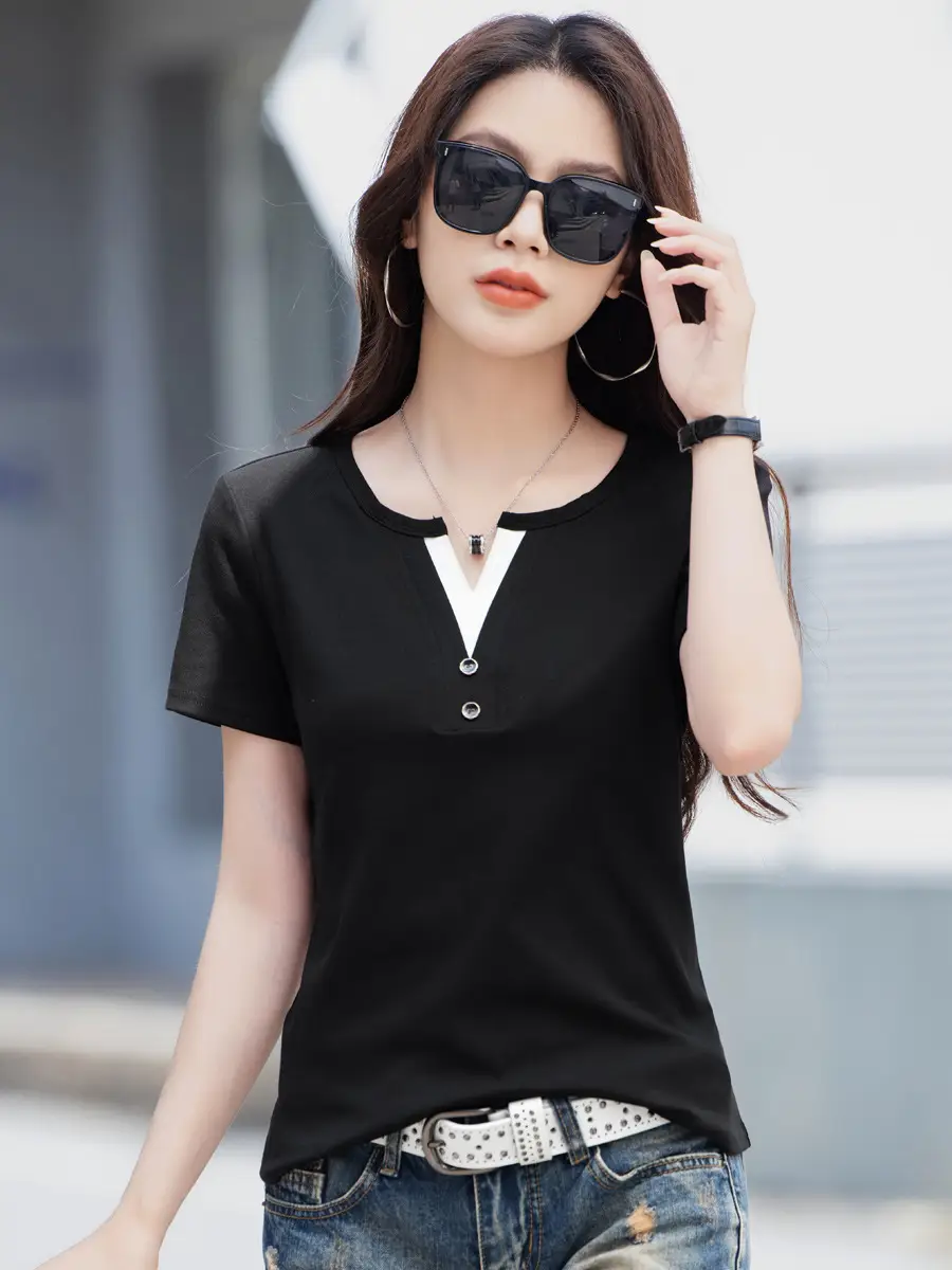 Women V Neck Black T-Shirt 2025 Summer Loose Slimming - Image 7