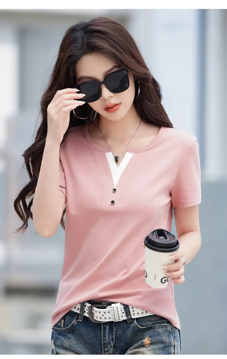 Women V Neck Black T-Shirt 2025 Summer Loose Slimming — feature 12