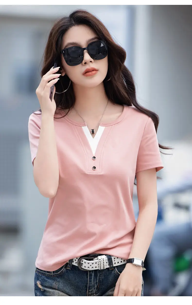 Women V Neck Black T-Shirt 2025 Summer Loose Slimming — feature 14