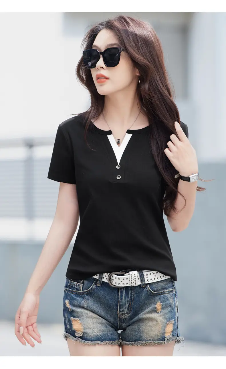 Women V Neck Black T-Shirt 2025 Summer Loose Slimming — feature 15