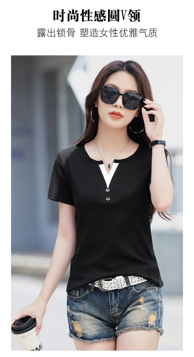Women V Neck Black T-Shirt 2025 Summer Loose Slimming — feature 16