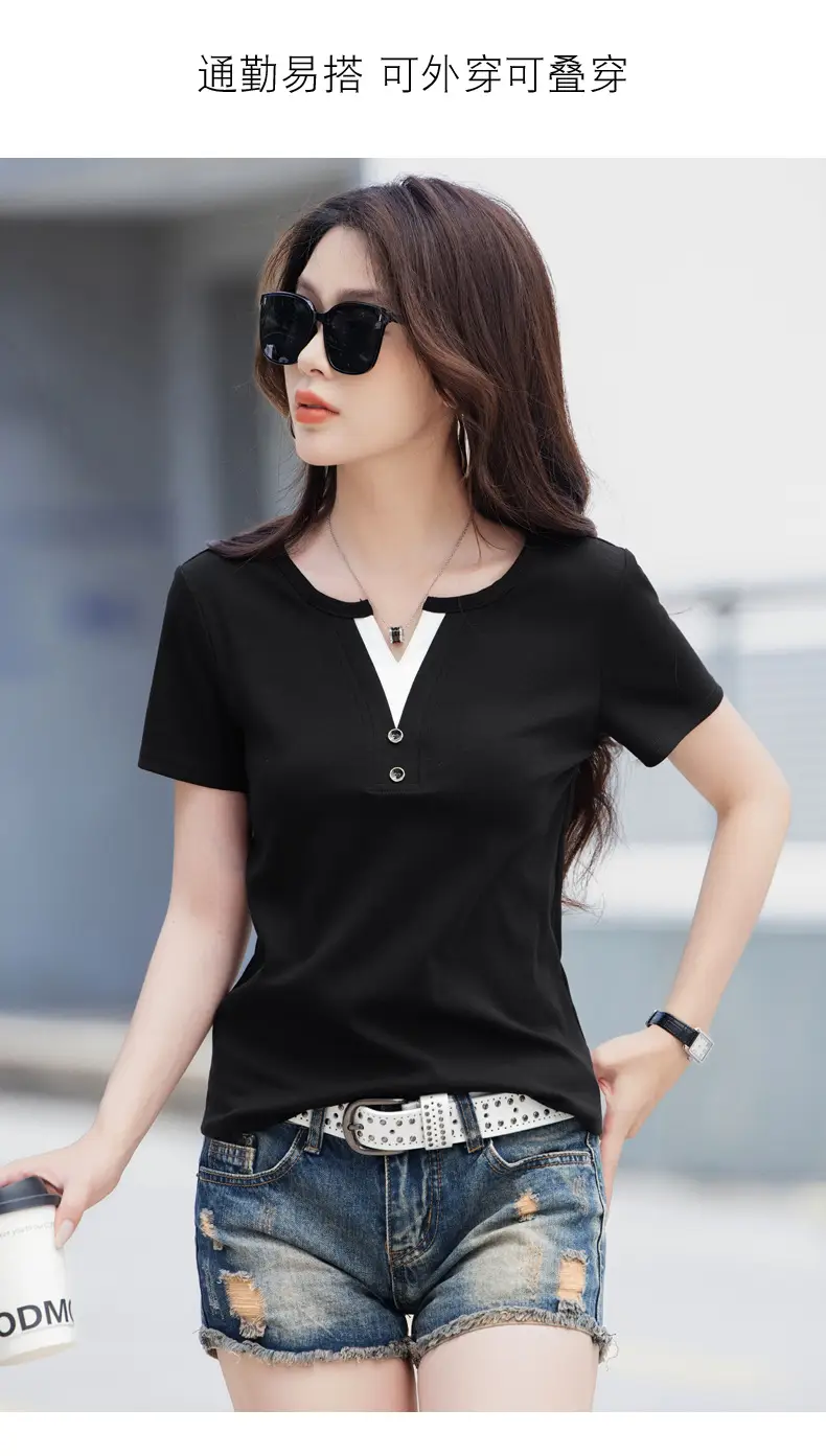 Women V Neck Black T-Shirt 2025 Summer Loose Slimming — feature 17