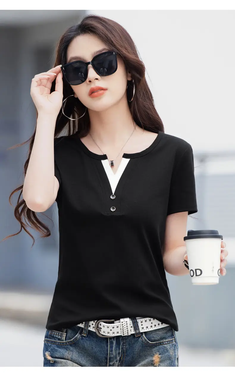 Women V Neck Black T-Shirt 2025 Summer Loose Slimming — feature 18