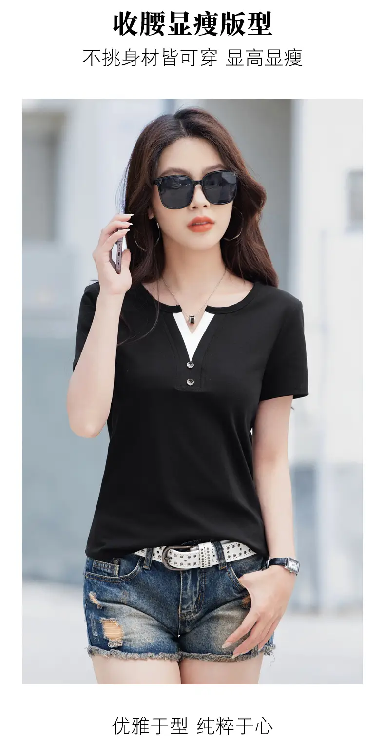 Women V Neck Black T-Shirt 2025 Summer Loose Slimming — feature 19