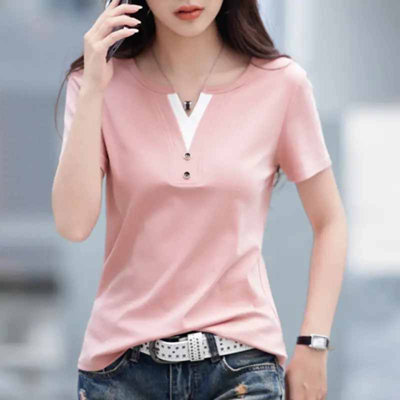Women V Neck Black T-Shirt 2025 Summer Loose Slimming - Image 2