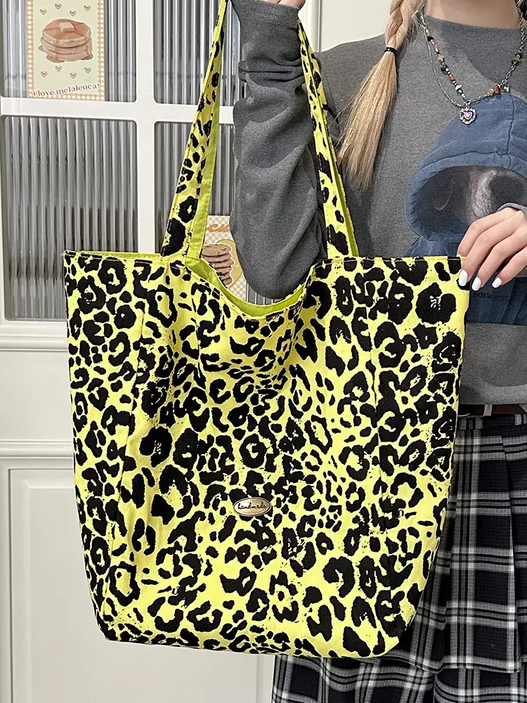 Yellow Leopard Print Double Tote Bag for Women - Image 5
