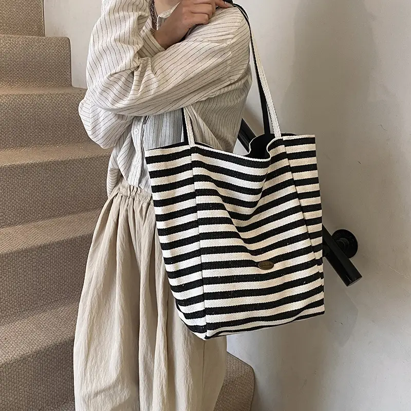 Women Canvas Striped Large Shoulder Tote Bag 2025 - Image 8