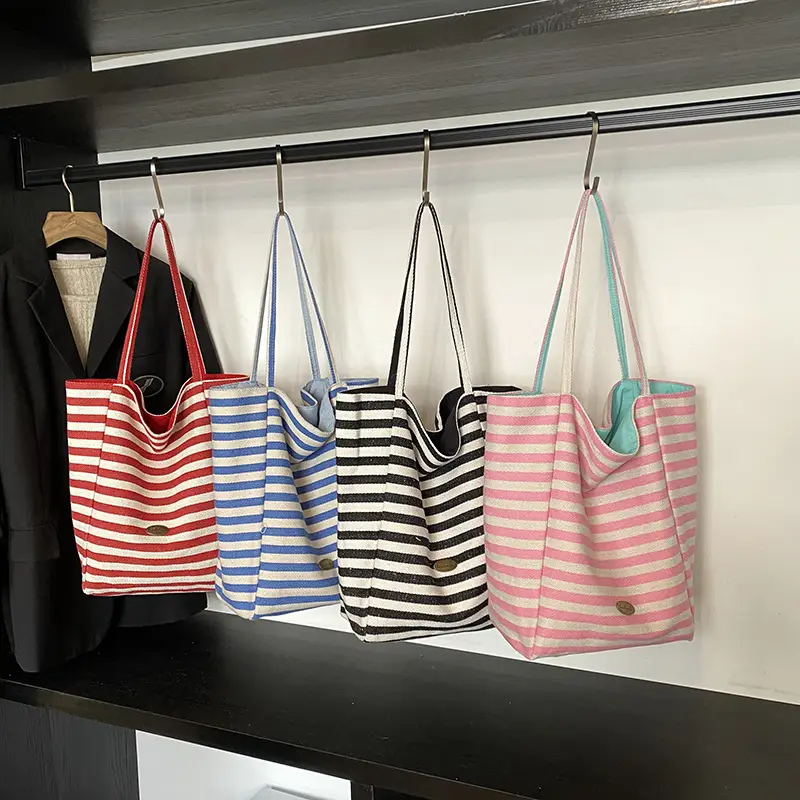 Women Canvas Striped Large Shoulder Tote Bag 2025 - Image 10