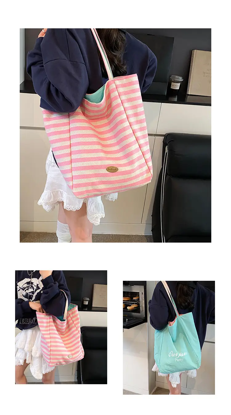 Women Canvas Striped Large Shoulder Tote Bag 2025 — feature 5