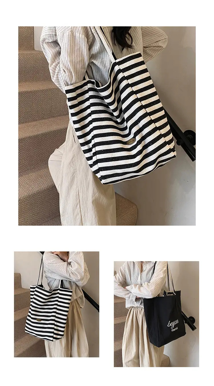 Women Canvas Striped Large Shoulder Tote Bag 2025 — feature 8