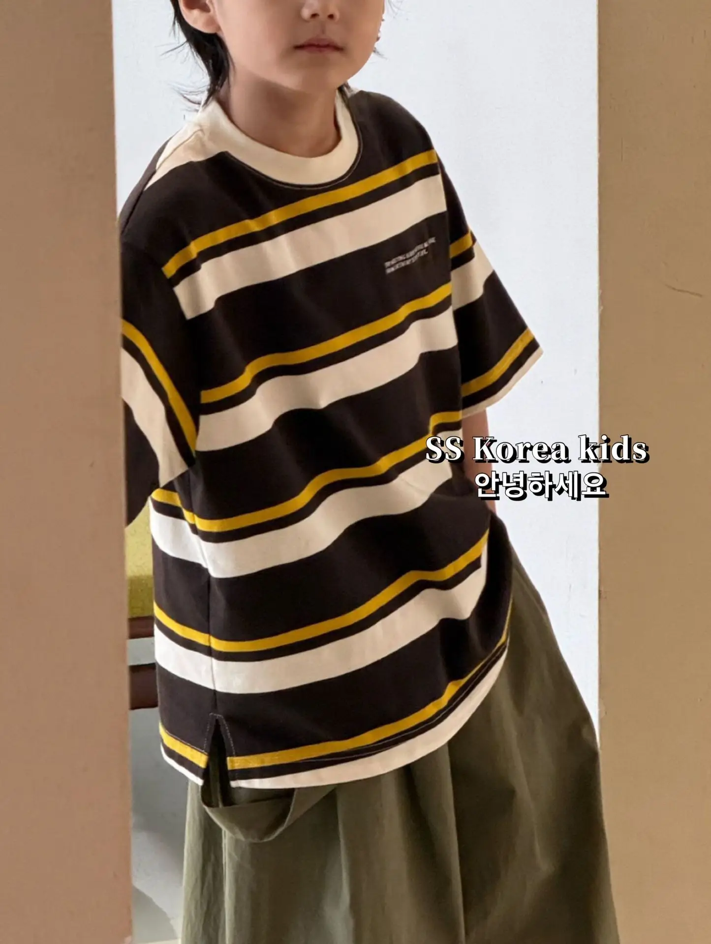 Kids Striped T-Shirt Brown Yellow Loose Fit 2025