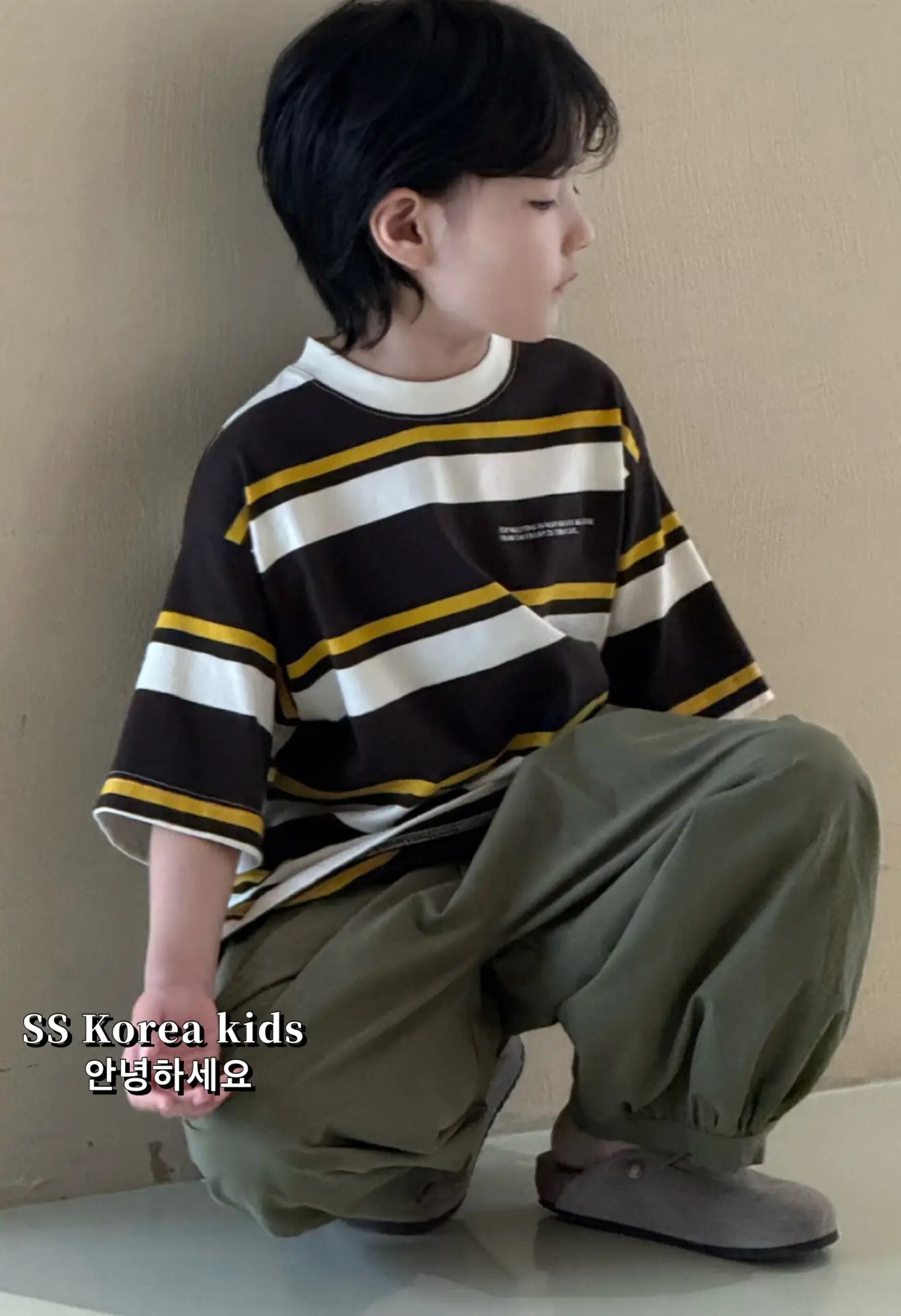 Kids Striped T-Shirt Brown Yellow Loose Fit 2025 — feature 1