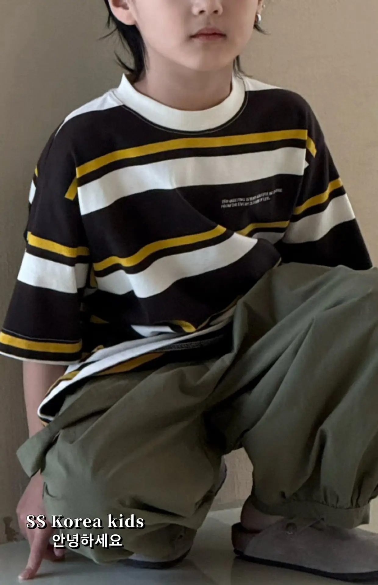 Kids Striped T-Shirt Brown Yellow Loose Fit 2025 — feature 3