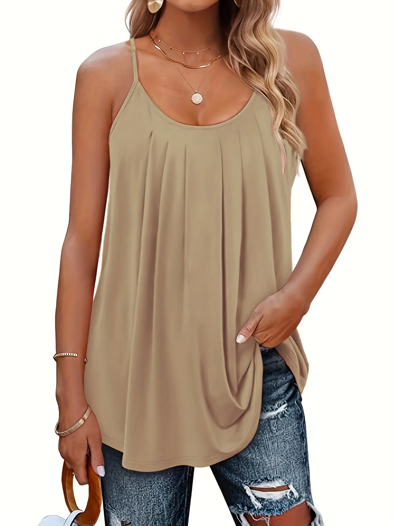 Green Pleated Shoulder Strap Vest for Women - Image 16