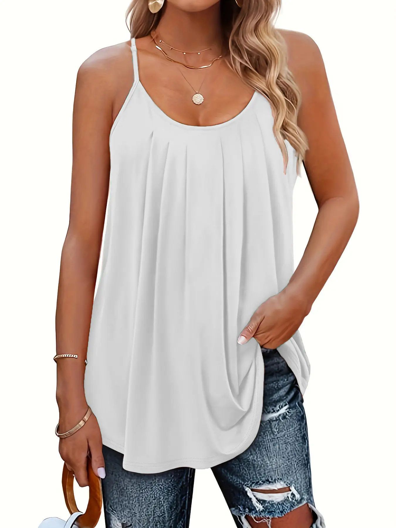 Green Pleated Shoulder Strap Vest for Women — feature 17