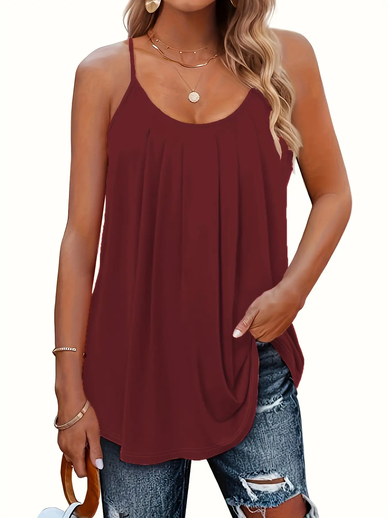 Green Pleated Shoulder Strap Vest for Women — feature 6
