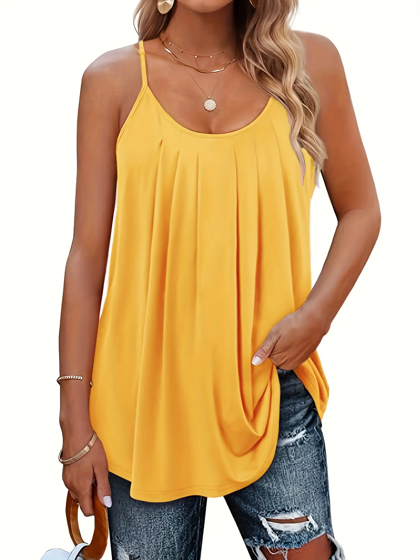 Green Pleated Shoulder Strap Vest for Women — feature 8