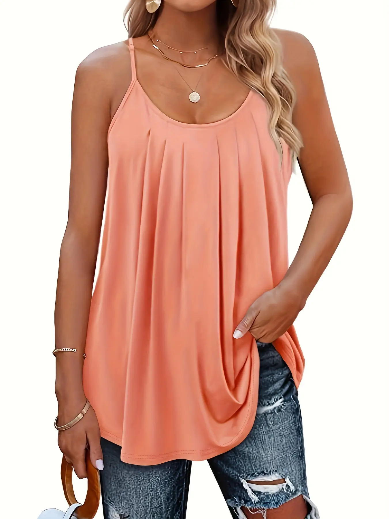 Green Pleated Shoulder Strap Vest for Women - Image 6