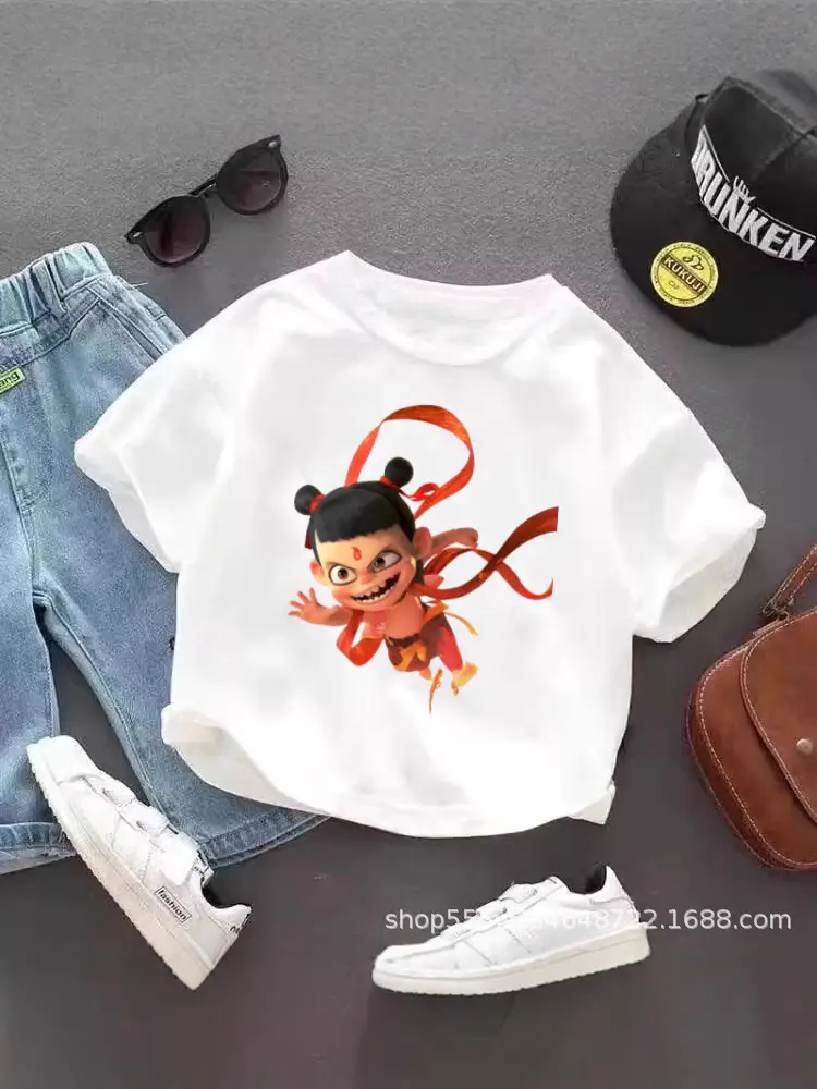 Pure Cotton Nezha Cartoon T-Shirt for Kids
