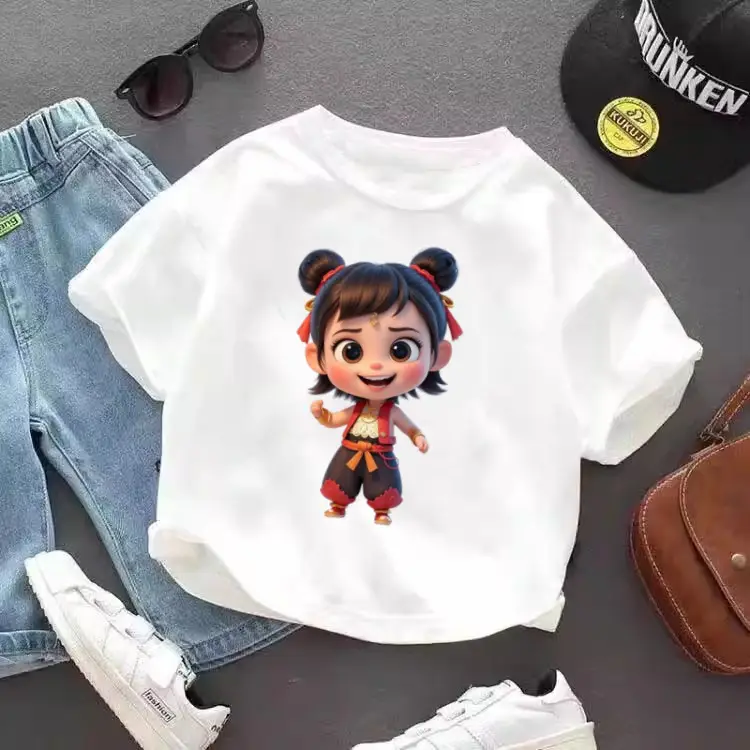 Pure Cotton Nezha Cartoon T-Shirt for Kids