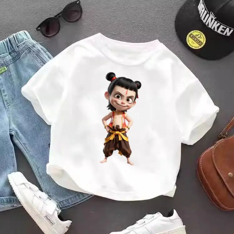 Pure Cotton Nezha Cartoon T-Shirt for Kids