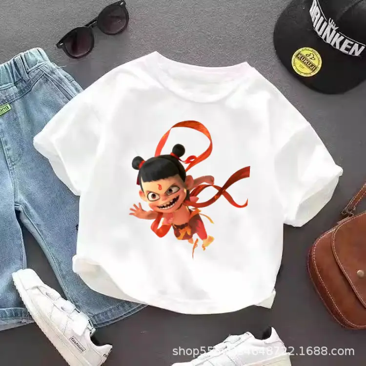 Pure Cotton Nezha Cartoon T-Shirt for Kids
