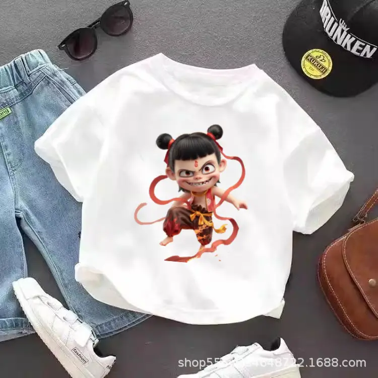Pure Cotton Nezha Cartoon T-Shirt for Kids